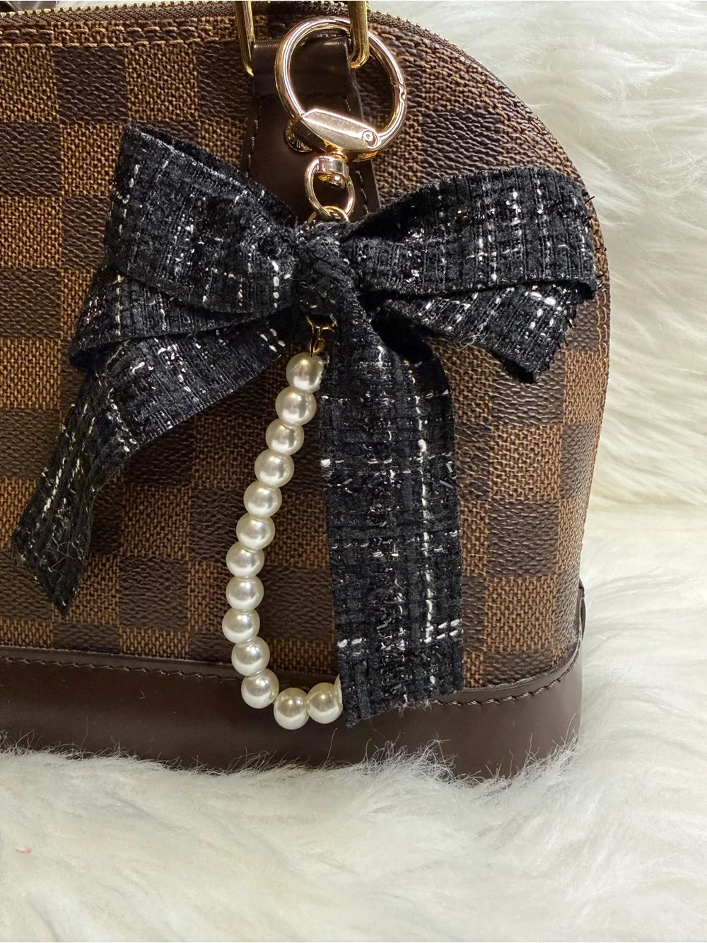 Bowknot Black Camellia Keychain Bag Charm Faux Pearl Strap Tweed Bow Key Rings